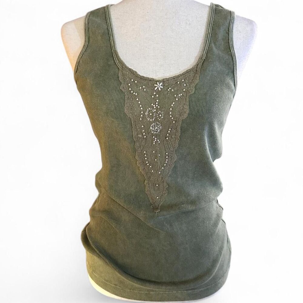 One World Beaded and Lace Green Boho Tank Top